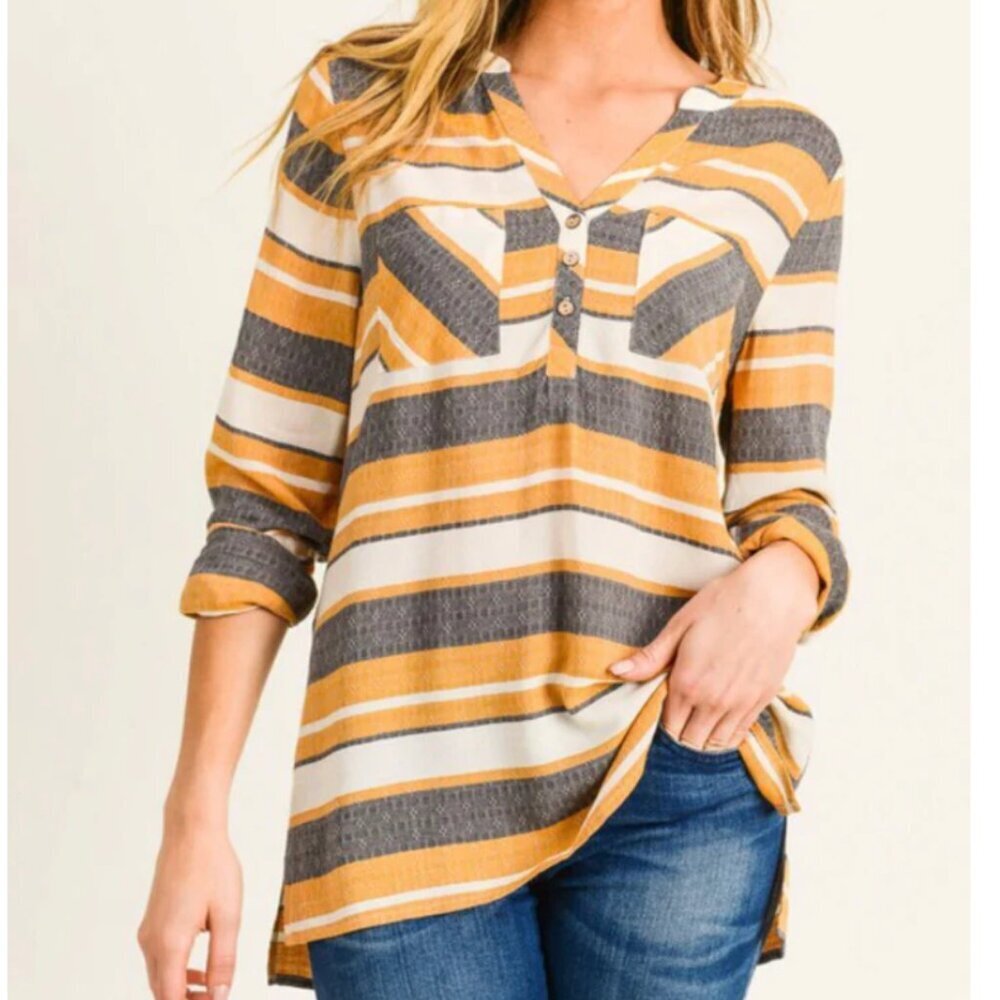 NWT Anthropologie Doe & Rae Stripe Long Sleeve Orange & Grey Shirt Size L 0034